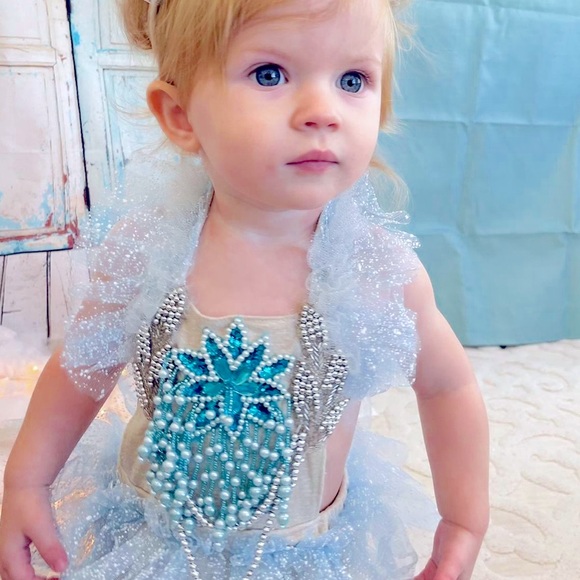New York Couture Handmade BABY Girl ELSA FROZEN ICE QUEEN Party Romper Dress - Picture 3 of 5